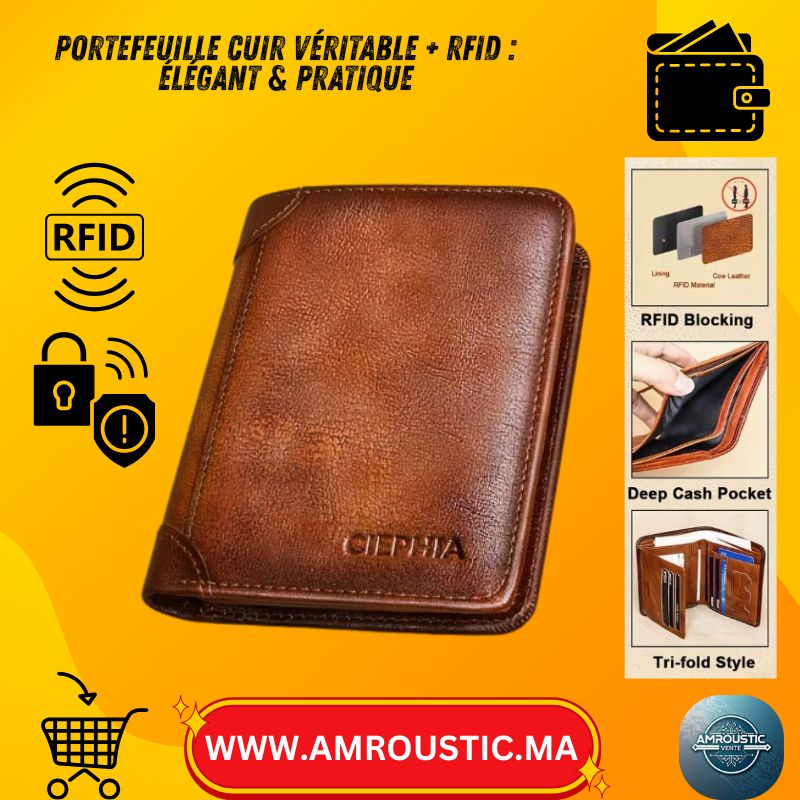 Portefeuille Homme CIEPHIA Cuir Véritable RFID – 3 Volets, Ultra-Mince, Poche Billets Profonde (Noir / Marron Jaune)