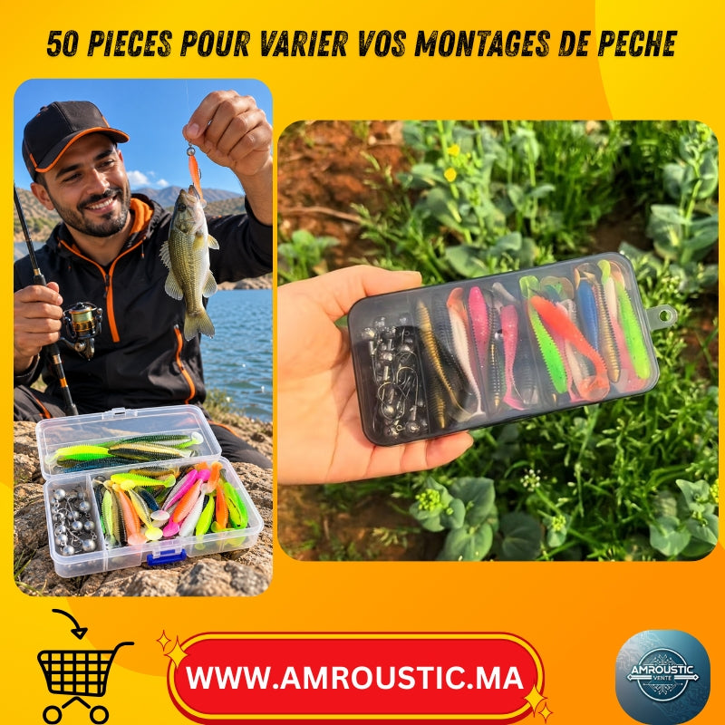 Kit de pêche 50 pièces – 40 leurres souples à queue paddle et 10 têtes plombées