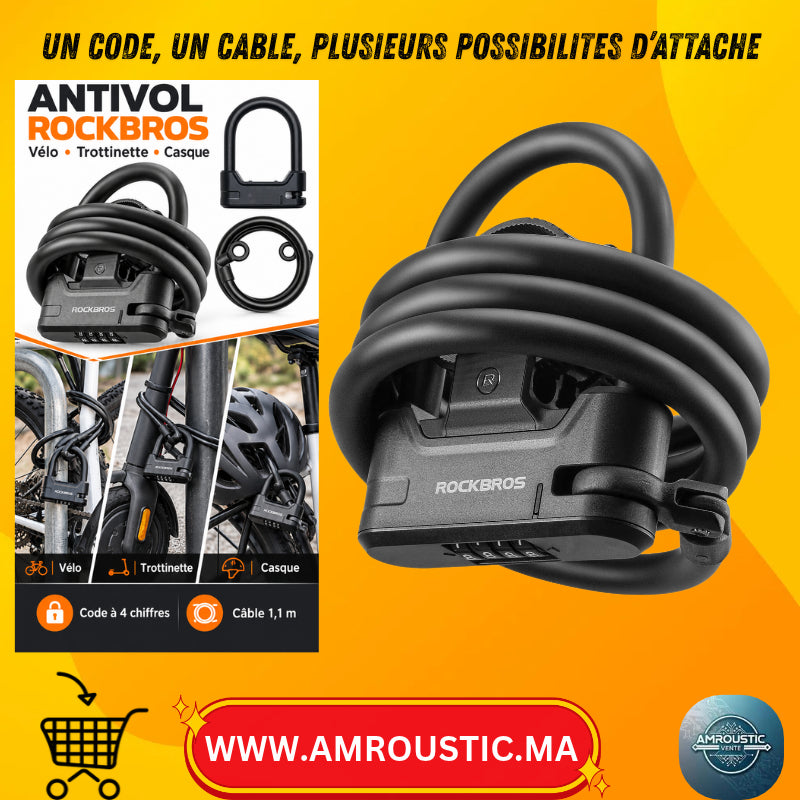 ROCKBROS – Antivol à code 4 chiffres avec câble 1,1 m pour trottinette et vélo