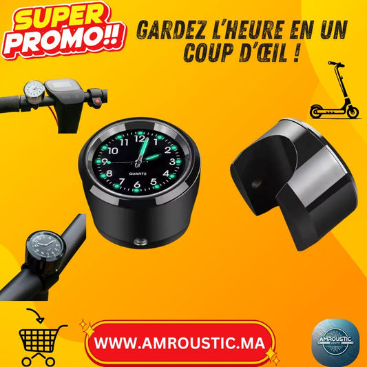 ساعة كوارتز للدراجات النارية/الهوائية 22-25 مم - مقود عالمي، مصنوعة من الألومنيوم، مضيئة، مضادة للاهتزاز