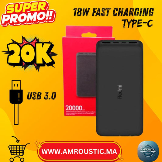 Power Bank Xiaomi Redmi 20000mAh avec charge rapide 18W, double USB, USB-C et Micro-USB. Produit original garanti 1 an. Batterie externe puissante et fiable.