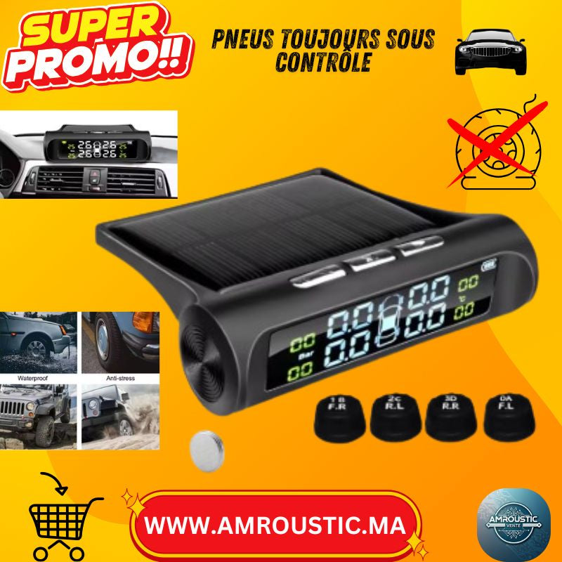 TPMS E-ACE K01 solaire avec capteurs externes. Surveillance en temps réel de la pression et température des pneus, alertes automatiques, installation facile.