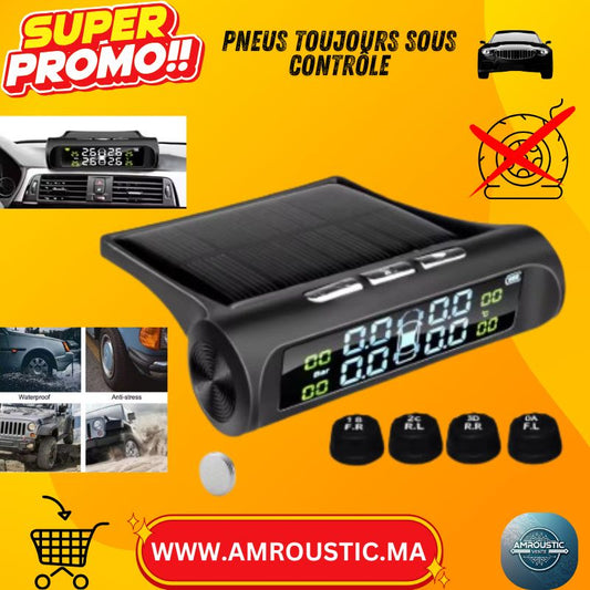 TPMS E-ACE K01 solaire avec capteurs externes. Surveillance en temps réel de la pression et température des pneus, alertes automatiques, installation facile.
