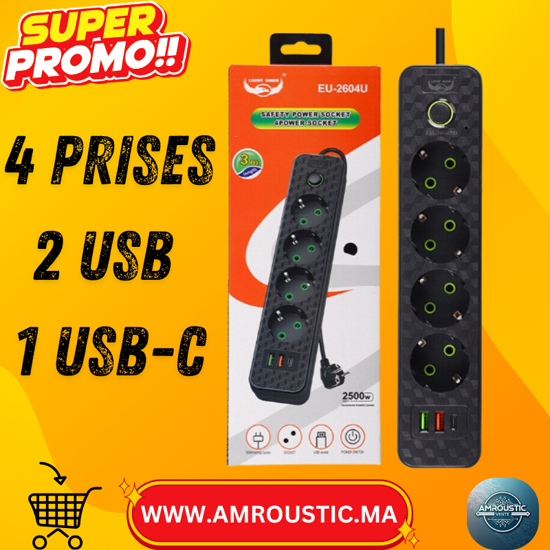 شريط طاقة أمان بأربعة منافذ + منفذي USB + منفذ USB-C - الاتحاد الأوروبي