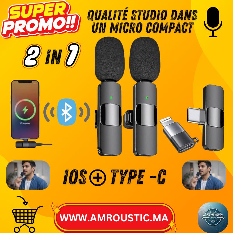 Microphone Sans Fil K9 –iPhone 2 pc-  Son Clair, Plug & Play, Idéal Vlog & Live