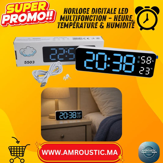 Horloge Numérique LED avec Température & Humidité – Réveil Moderne USB pour Chambre