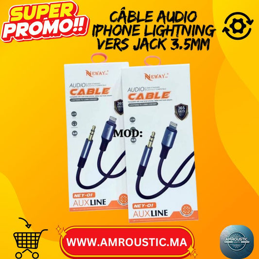 كابل صوت NEWAY NEY-01 من منفذ Lightning إلى مقبس 3.5 ملم (خط AUX) لأجهزة iPhone - للسيارة وسماعات الرأس