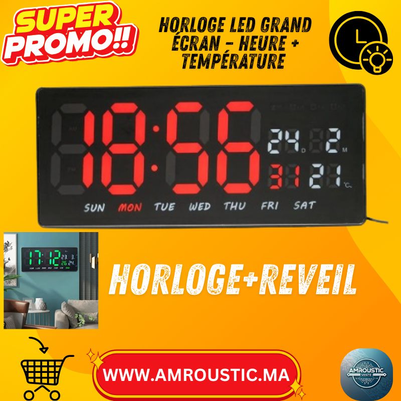 Horloge Murale LED JH-3604 rouge | Grand Écran, Alarme, Température & Calendrier
