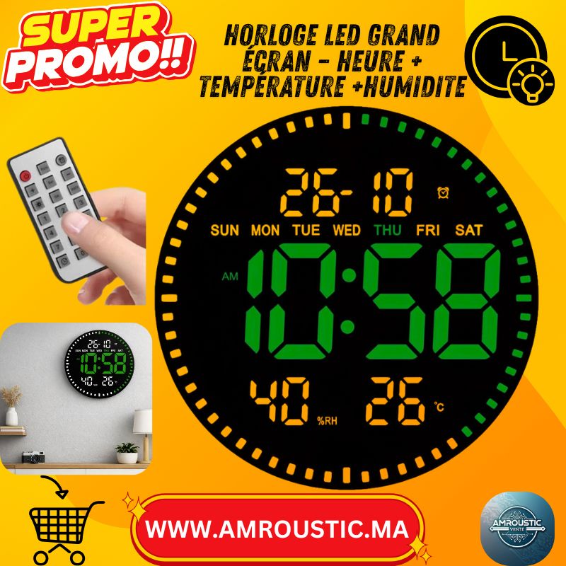 Horloge Murale LED Digitale Ronde JH2860 – Heure 12/24H, Température °C/°F, Humidité, Alarme, Chronomètre & Minuteur