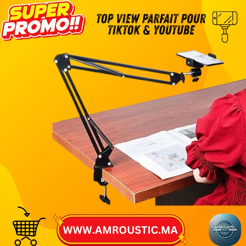 Support Téléphone à Bras Articulé – Fixation Pince pour Bureau, Réglable, Rotation 360° (Top View / Live / Lecture)