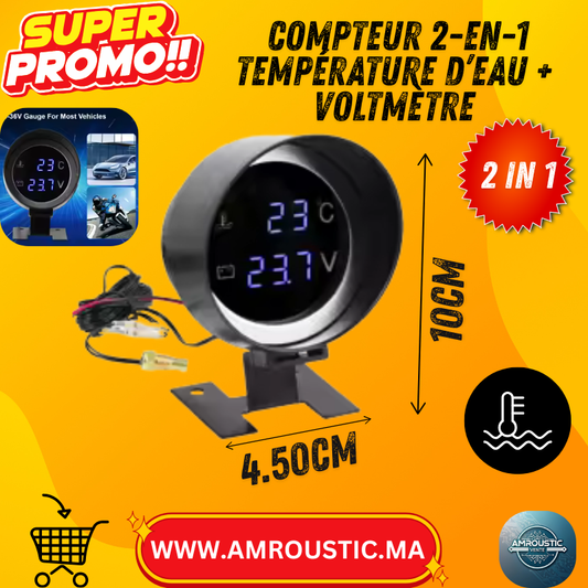مقياس حرارة الماء + مقياس الفولتية 2 في 1 - مؤشر LED أزرق - 9-36 فولت - حساس 10 مم، مناسب لجميع أنواع السيارات والدراجات النارية