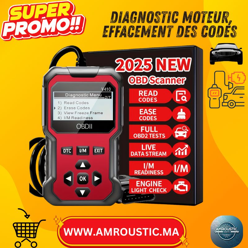 Scanner OBD2 2025 – Lecteur de Codes Auto Professionnel | Diagnostic Moteur, Effacement des Codes, Test I/M, Données en Temps Réel (OBDII/EOBD 1996+)